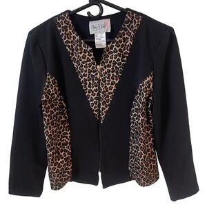 Vintage Olivia Rose Women Blazer Jacket Size 10 Petite Black Animal Print Career